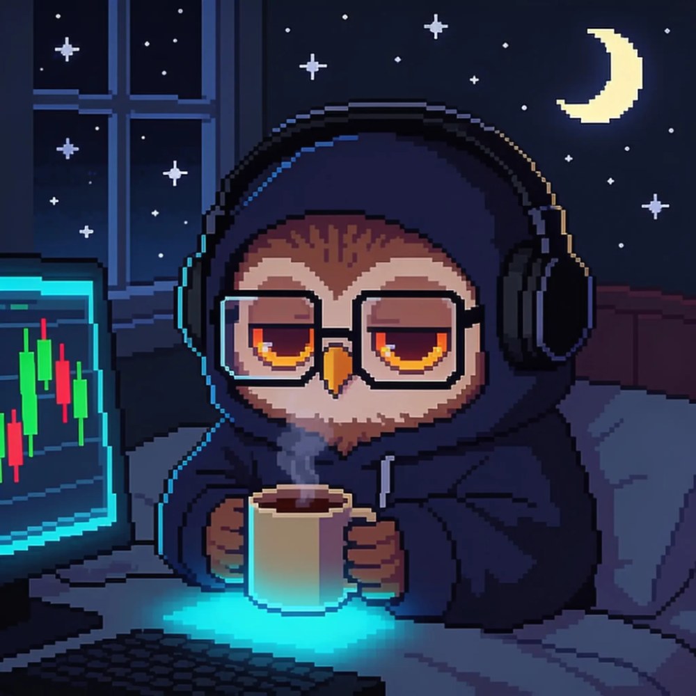 NIGHT OWL: a sleepy owl in huge headphones and square glasses, holding a coffee mug in front of glowing chart monitors